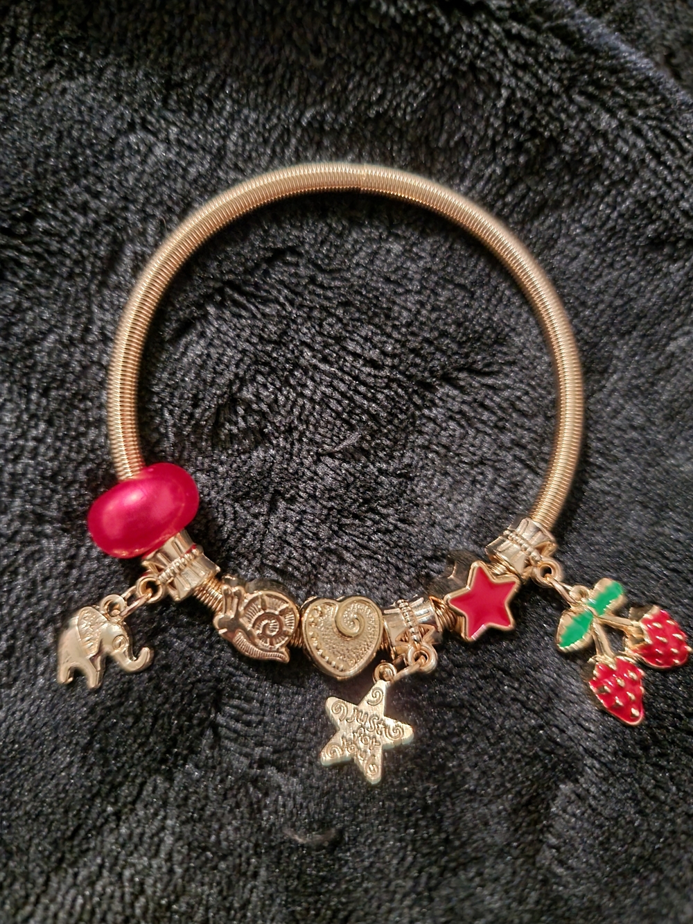 Gold Charm Bracelet with Red and Green Accents